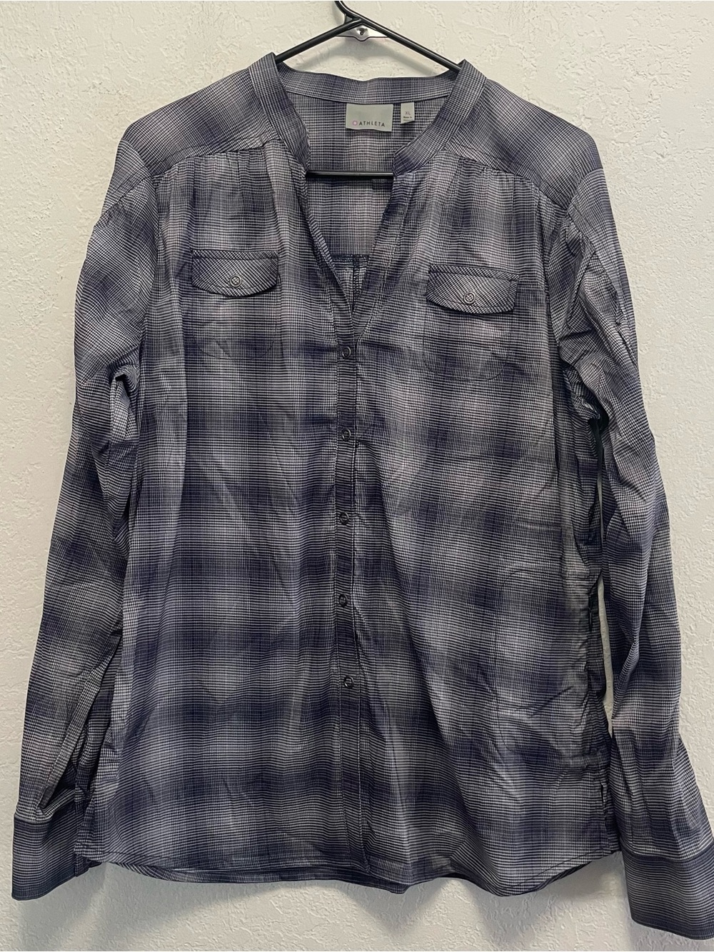 Athleta Happy Trails Snap Front Shirt Size XL Blue Plaid Hike Sport Wicking